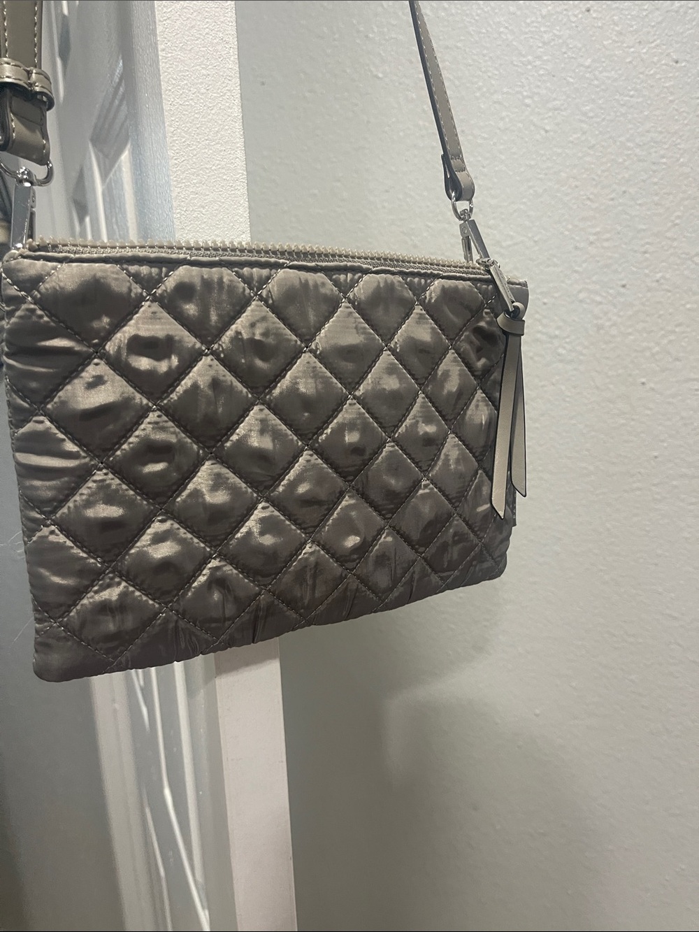 Rae Dunn Quilted Satin Crossbody in Taupe